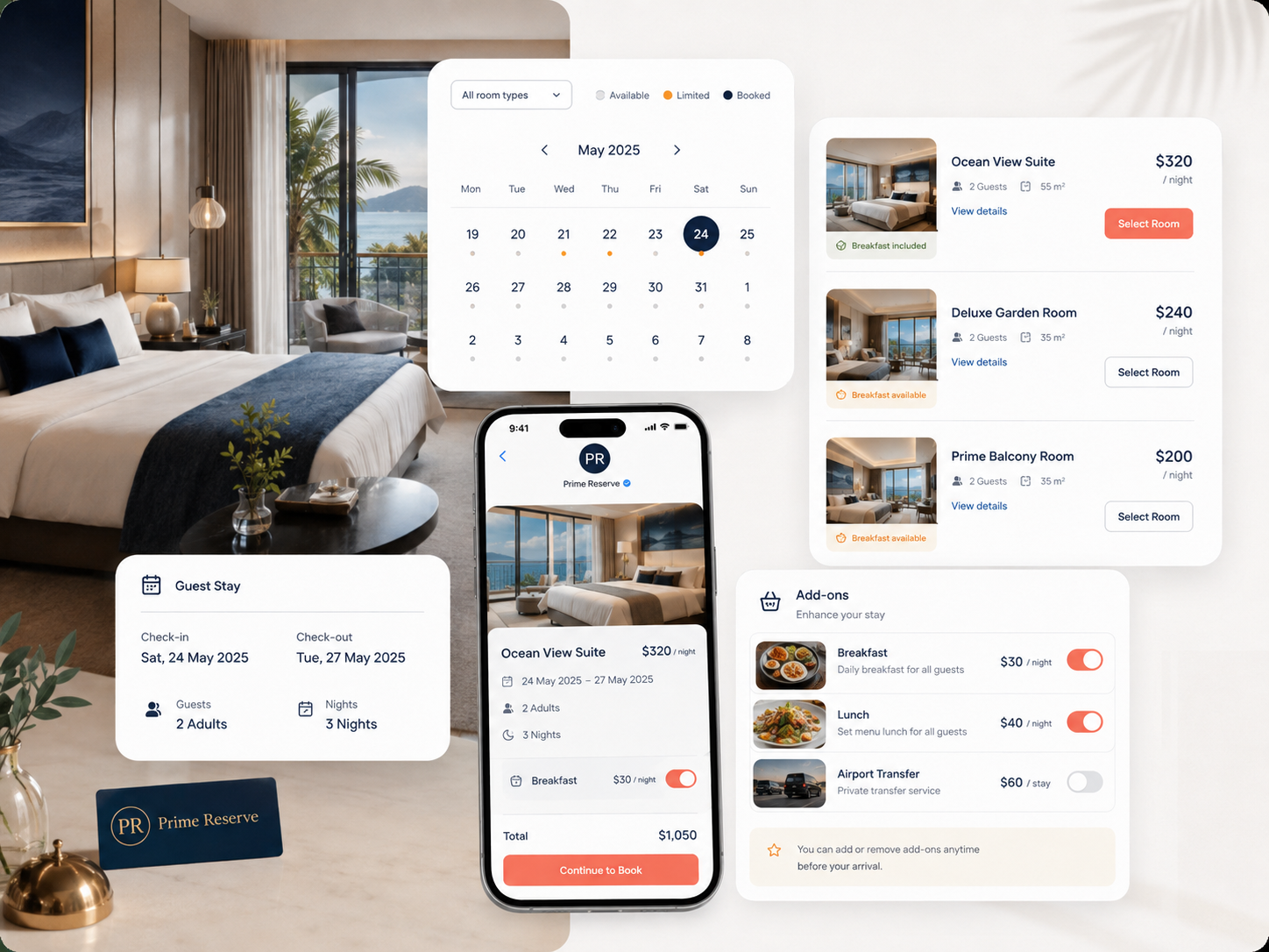 Prime Reserve accommodation booking interface with room availability, stay details and breakfast and lunch add-ons